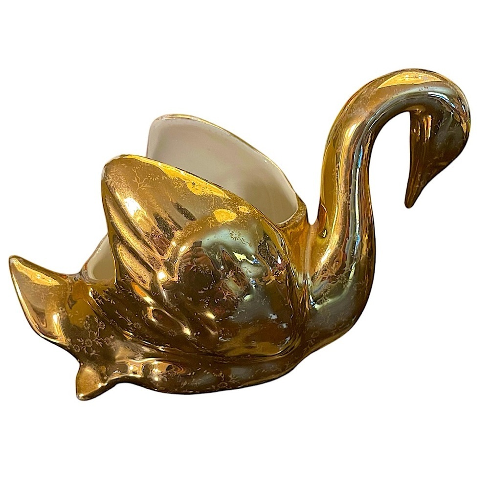 1950s Vintage Gold Swan Jewelry Holder Planter Vase MCM Retro